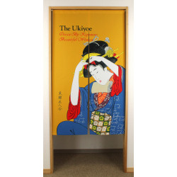 yellow japanese noren curtain in polyester, UKIYOE, woman