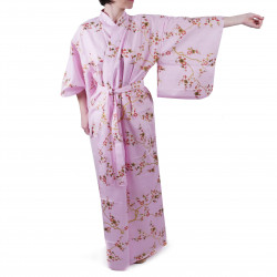 japanischer Yukata Kimono aus rosafarben Baumwolle, KINUME, goldene Pflaumenblüten