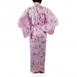 kimono giapponese yukata in cotone rosa, KINUME, fiori di prugna dorata