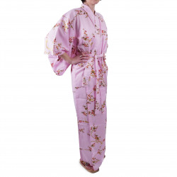 kimono giapponese yukata in cotone rosa, KINUME, fiori di prugna dorata