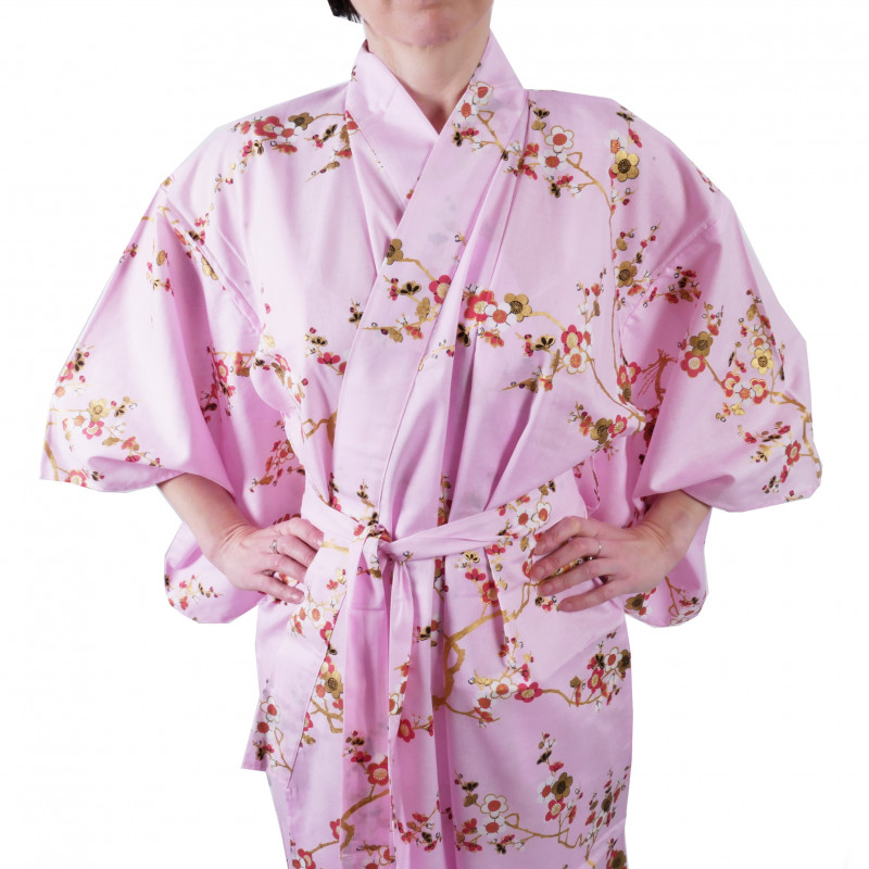 kimono giapponese yukata in cotone rosa, KINUME, fiori di prugna dorata