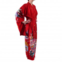 Japanischer traditioneller roter Kimono für Frauen, UTAÔJO, brillante Gedichte und Prinzessinnen