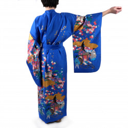 Japanese traditional blue kimono gilt poem and princess for ladies