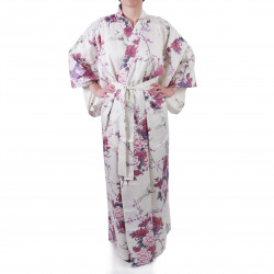 Kimono giapponese in cotone bianco, TSURU PEONY, gru e peonia