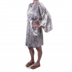 hanten kimono traditionnel japonais blanc en satin poésies et fleurs pour femme