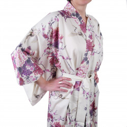 Kimono giapponese in cotone bianco, TSURU PEONY, gru e peonia