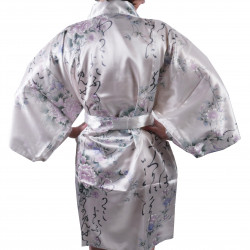 Hanten japonés kimono blanco satinado, UTAUME, poesía y flores