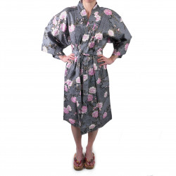 Japanese traditional black cotton happi coat kimono sakura flowers on cloud pattern for ladies