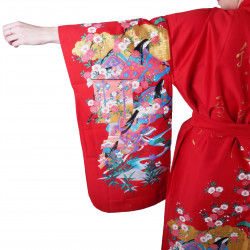 Japanischer traditioneller roter Kimono für Frauen, UTAÔJO, brillante Gedichte und Prinzessinnen