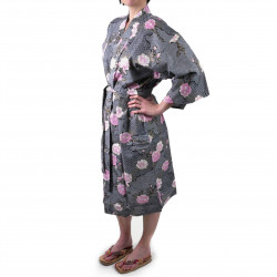 happi kimono giapponese in cotone nero, SAKURAGUMO, fiori di ciliegio e nuvole