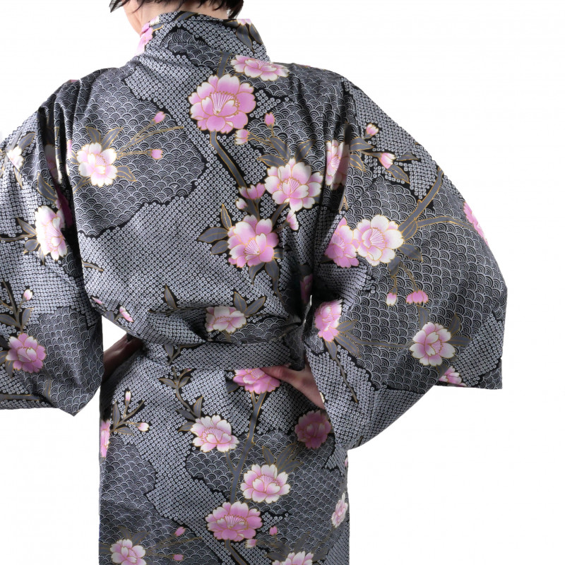 happi kimono traditionnel japonais noir en coton fleurs de cerisiers sakura sur motifs nuages pour femme