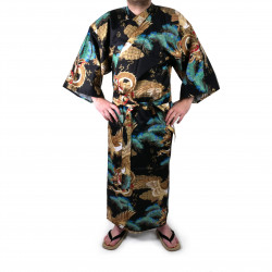 Kimono yukata japonés en algodón negro, RYÛMATSU, dragón y pinos