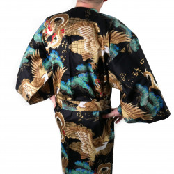 Kimono yukata japonés en algodón negro, RYÛMATSU, dragón y pinos