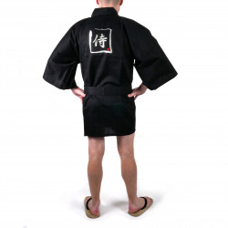 hanten kimono giapponese nero in cotone, SAMURAI, kanji samurai argento