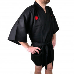 hanten kimono giapponese nero in cotone, SAMURAI, kanji samurai argento