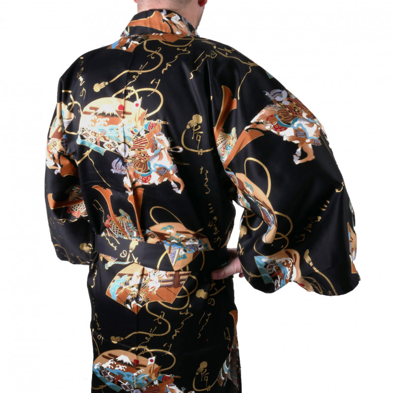 kimono yukata giapponese nero in cotone, SHONZUIRYÛ, samuraï