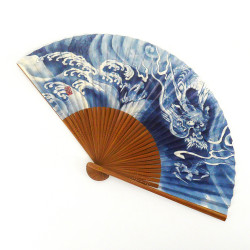 ventaglio giapponese blu 22 cm per uomo in carta e bambù, RYÛ, drago