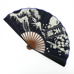 Ventaglio giapponese blu scuro da 25,5 cm per uomo in cotone, APPARE, onda fuji sakura