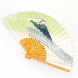 ventaglio giapponese verde e bianco 22,5cm per uomo in carta e bambù, FUJISAN, montagna