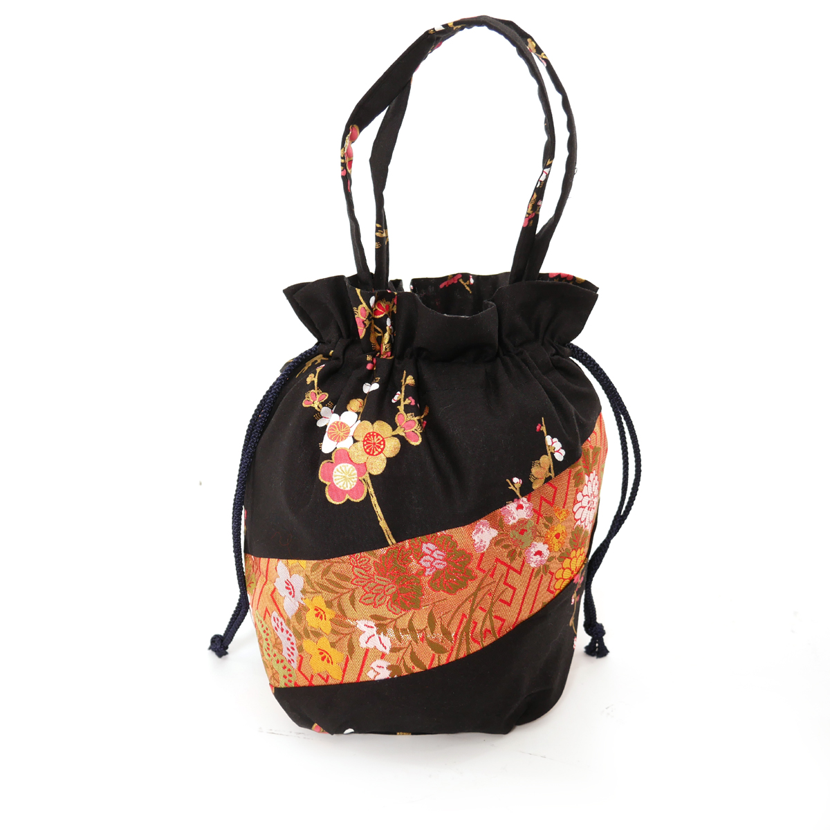 Black traditional Japanese style kimono bag in polyester cotton