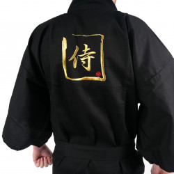 Happi kimono kanji nero samurai in cotone shantung giapponese da uomo