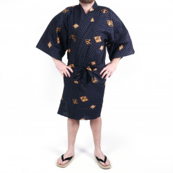 Happi traditioneller japanischer blauer Baumwollkimono mit Rautenmustern und Kanji für Männer