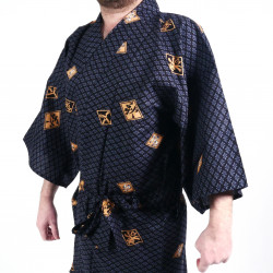 Happi traditional Japanese black cotton kimono with diamond patterns and kanji for men