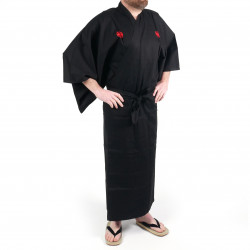 Kimono japonés negro en algodón fino, SAMURAI, kanji dorado