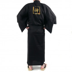Kimono noir kanji dorée samuraï coton shantung japonais pour homme