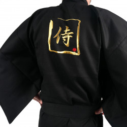 Kimono japonés negro en algodón fino, SAMURAI, kanji dorado