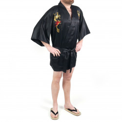 Kimono japonés hanten en algodón negro, RYU, dragón