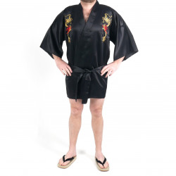 Japanese traditional black cotton shantung hanten kimono, RYU Dragon, for men