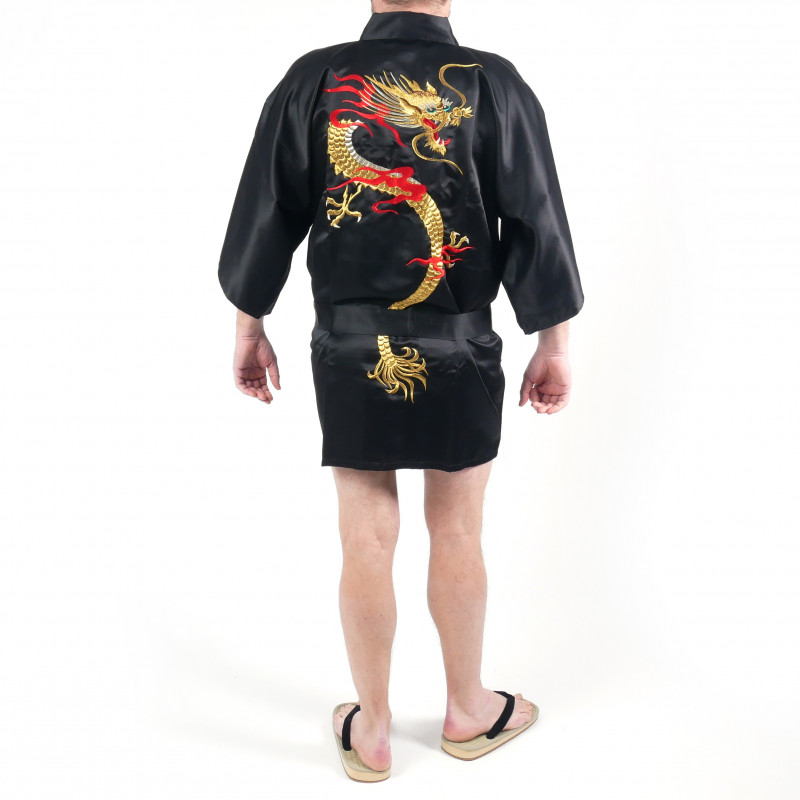 Japanese traditional black cotton shantung hanten kimono, RYU Dragon, for men