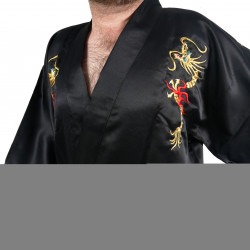 Japanese traditional black cotton shantung hanten kimono, RYU Dragon, for men