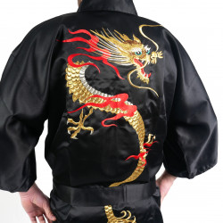 hanten kimono giapponese nero in cotone, RYU, drago