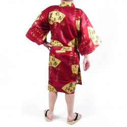 Japanese red cotton happi coat kimono SENSU, golden fan, for men