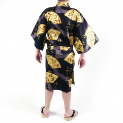 Japanese black cotton happi coat kimono SENSU, golden fan, for men