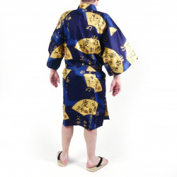 Japanese blue cotton happi coat kimono SENSU, golden fan, for men