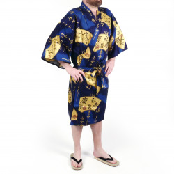 Japanese blue cotton happi coat kimono SENSU, golden fan, for men