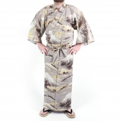Japanese traditional grey cotton yukata kimono, mount FUJI, for men