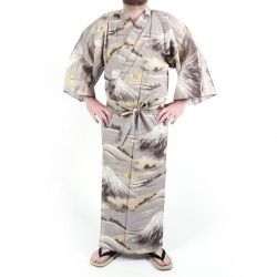 Kimono yukata japonés en algodón gris, Monte Fuji