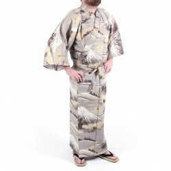 kimono yukata giapponese grigio in cotone, Monte Fuji