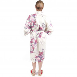 happi kimono japonés blanco en algodón, TSURU PEONY, grulla y peonía