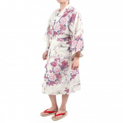 Happi weiß japanischer Kimono aus Baumwolle, TSURU PEONY, Kranich und Pfingstrose