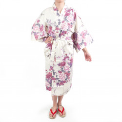 happi kimono japonés blanco en algodón, TSURU PEONY, grulla y peonía