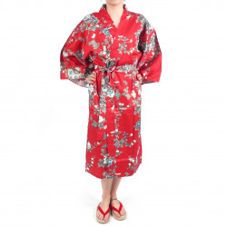 happi kimono giapponese rosso felice, SAKURA PEONY, peonia e fiori di ciliegio