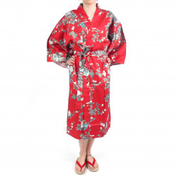 Japanese traditional red cotton sateen happi coat kimono peony and cherry blossom for ladies