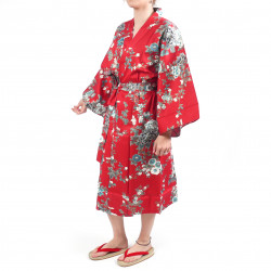 Japanese traditional red cotton sateen happi coat kimono peony and cherry blossom for ladies