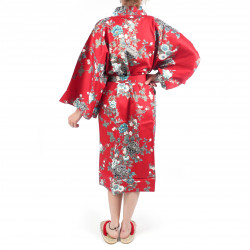 happi japonés kimono algodón rojo, SAKURA PEONY, peonía y flores de cerezo