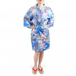 hanten tradicional kimono azul japonés en algodón satinado princesita para mujer